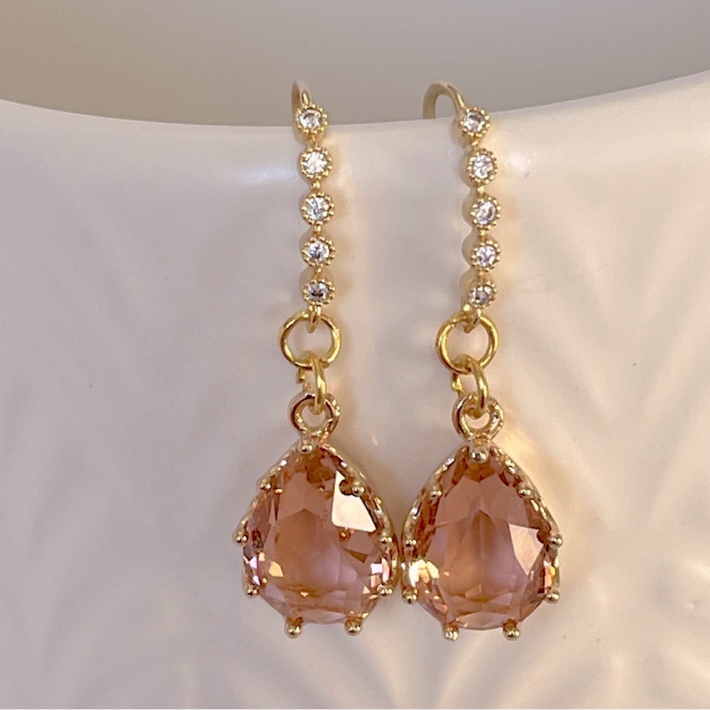 Pink Peach Gold White Rhinestone Glass Handmade Dangle Earrings